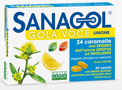 SANAGOL GOLA VOCE SENZA ZUCCHERO LIMONE 24 CARAMELLE - Antica Farmacia Celesia