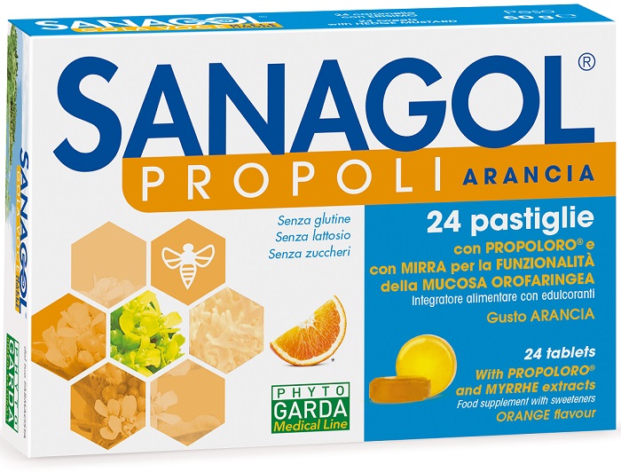 SANAGOL PROPOLI SENZA ZUCCHERO ARANCIA 24 CARAMELLE - Antica Farmacia Celesia
