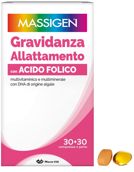 MASSIGEN GRAVIDANZA ALLATTAMENTO CON ACIDO FOLICO MULTIVITAMINICO E MULTIMINERALE 30 COMPRESSE RIVESTITE DA 1,1 G + 30 PERLE DA 700 MG - Antica Farmacia Celesia