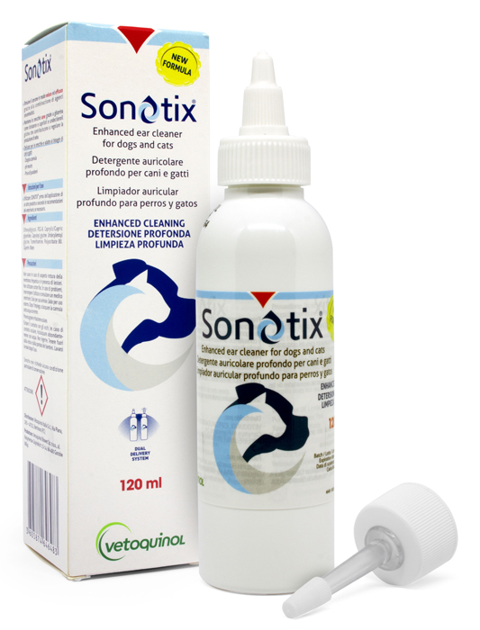 SONOTIX DETERGENTE AURICOLARE PROFONDO CANI E GATTI 120 ML + CANNULA CORTA RIGIDA + CANNULA LUNGA FLESSIBILE - Antica Farmacia Celesia