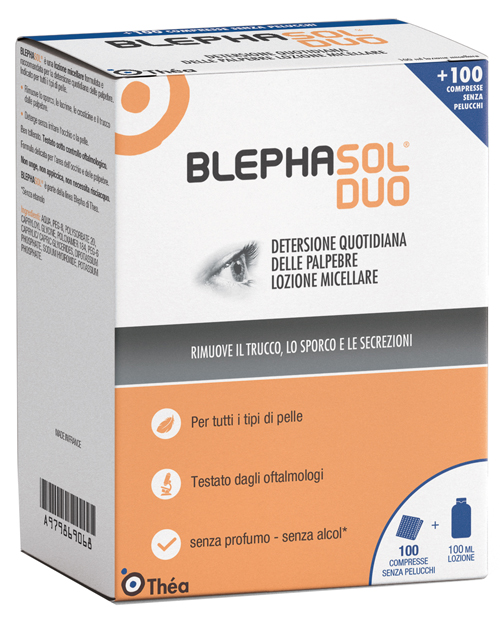 BLEPHASOL DUO SOLUZIONE MICELLARE IGIENE PALPEBRALE 100 ML + 100 GARZE - Antica Farmacia Celesia